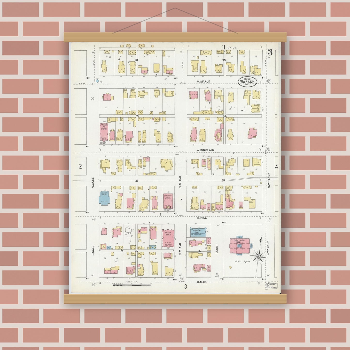 Old map wall art mockup — magnetic wood frame on brick wall — Sanborn Fire Insurance Map from Wabash, Wabash County, Indiana (1901), Sheet #0003