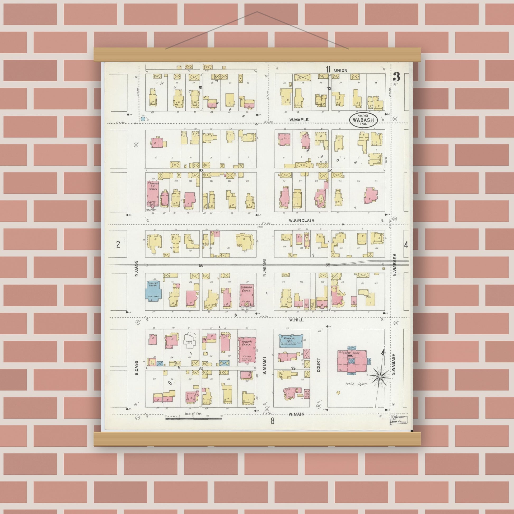 Old map wall art mockup — magnetic wood frame on brick wall — Sanborn Fire Insurance Map from Wabash, Wabash County, Indiana (1901), Sheet #0003