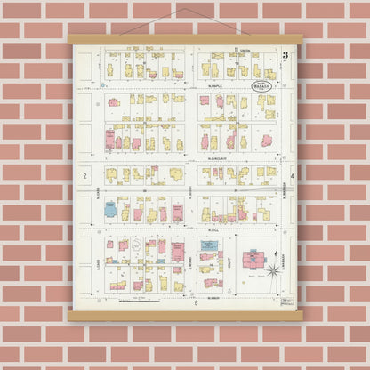 Old map wall art mockup — magnetic wood frame on brick wall — Sanborn Fire Insurance Map from Wabash, Wabash County, Indiana (1901), Sheet #0003