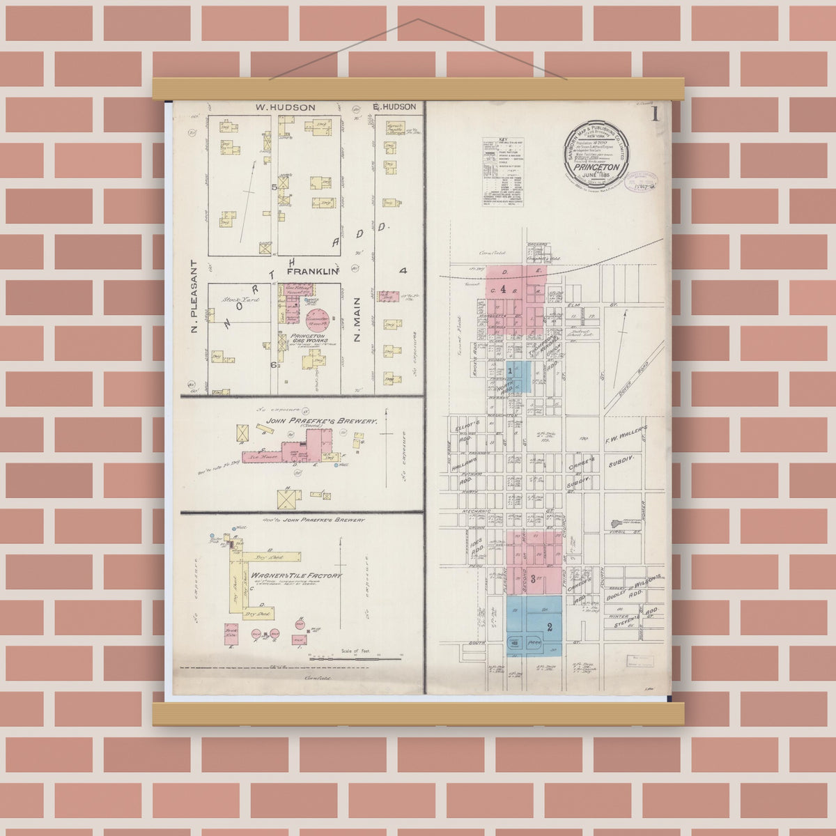 Old map wall art mockup — magnetic wood frame on brick wall — Sanborn Fire Insurance Map from Princeton, Bureau County, Illinois (1885), Sheet #0001