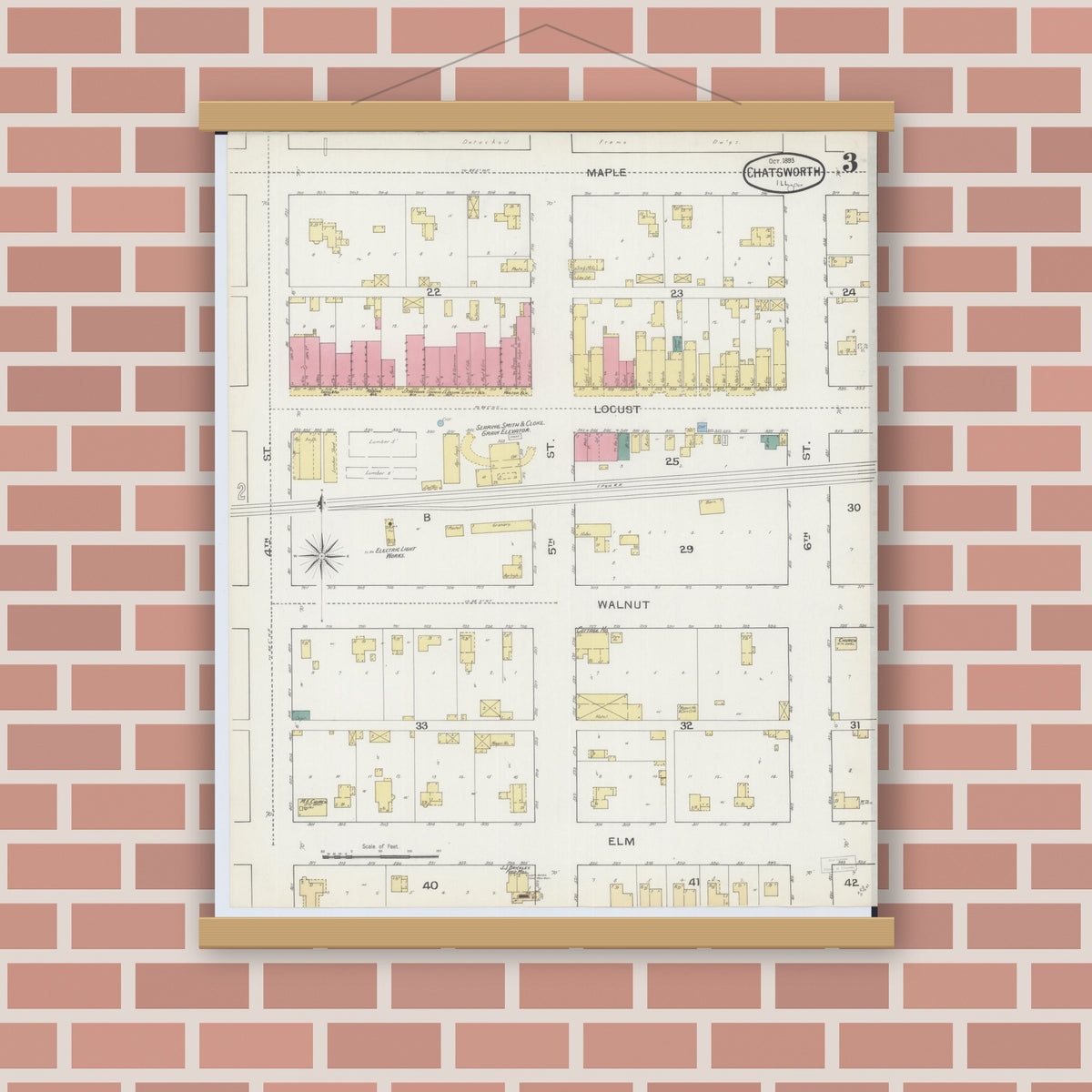 Old map wall art mockup — magnetic wood frame on brick wall — Sanborn Fire Insurance Map from Chatsworth, Livingston County, Illinois (1893), Sheet #0003
