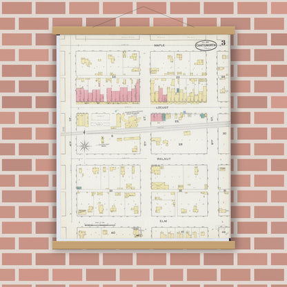Old map wall art mockup — magnetic wood frame on brick wall — Sanborn Fire Insurance Map from Chatsworth, Livingston County, Illinois (1893), Sheet #0003