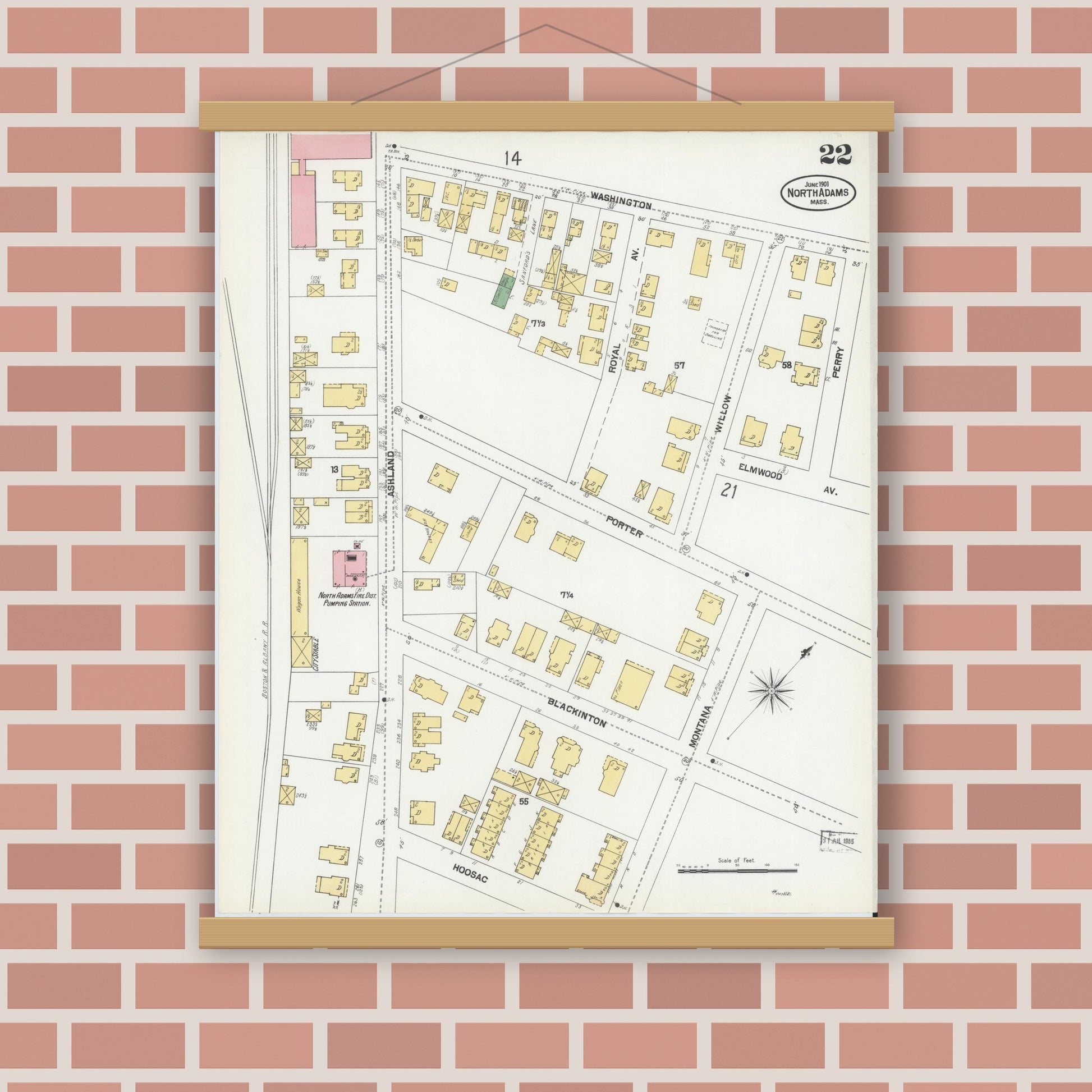 Old map wall art mockup — magnetic wood frame on brick wall — Sanborn Fire Insurance Map from North Adams, Berkshire County, Massachusetts (1901), Sheet #0022
