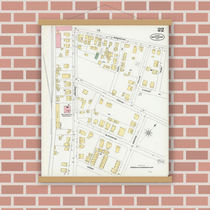 Old map wall art mockup — magnetic wood frame on brick wall — Sanborn Fire Insurance Map from North Adams, Berkshire County, Massachusetts (1901), Sheet #0022