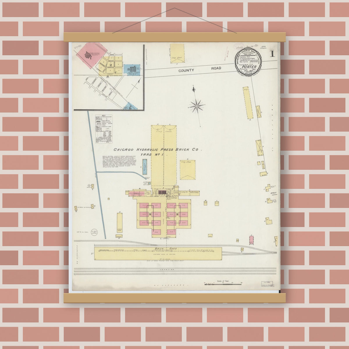Old map wall art mockup — magnetic wood frame on brick wall — Sanborn Fire Insurance Map from Porter, Porter County, Indiana (1893) - Complete Map Set