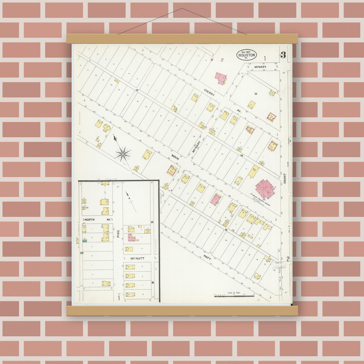 Old map wall art mockup — magnetic wood frame on brick wall — Sanborn Fire Insurance Map from Houston, Washington County, Pennsylvania (1907), Sheet #0003