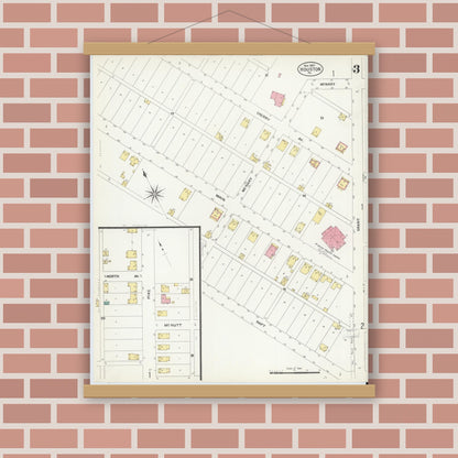 Old map wall art mockup — magnetic wood frame on brick wall — Sanborn Fire Insurance Map from Houston, Washington County, Pennsylvania (1907), Sheet #0003