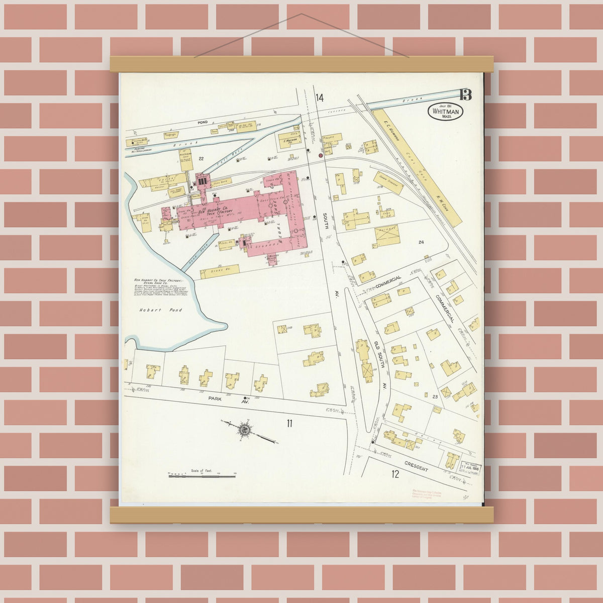 Old map wall art mockup — magnetic wood frame on brick wall — Sanborn Fire Insurance Map from Whitman, Plymouth County, Massachusetts (1911), Sheet #0013