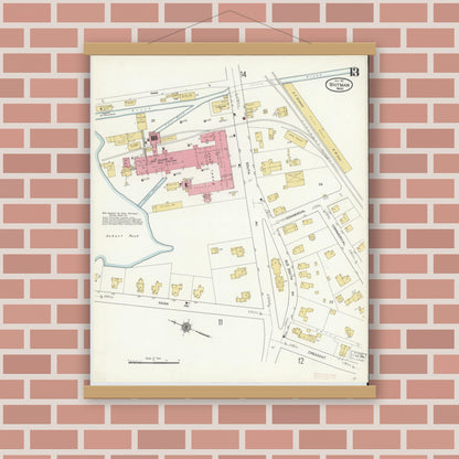 Old map wall art mockup — magnetic wood frame on brick wall — Sanborn Fire Insurance Map from Whitman, Plymouth County, Massachusetts (1911), Sheet #0013