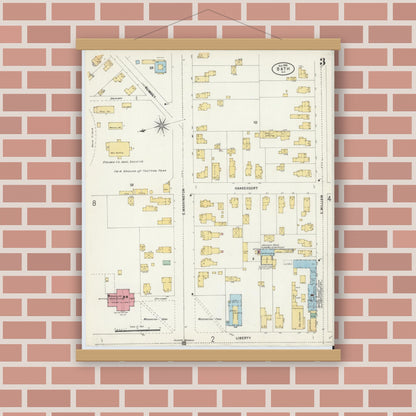 Old map wall art mockup — magnetic wood frame on brick wall — Sanborn Fire Insurance Map from Bath, Steuben County, New York (1898), Sheet #0003