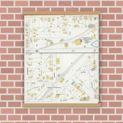 Old map wall art mockup — magnetic wood frame on brick wall — Sanborn Fire Insurance Map from Marshall, Saline County, Missouri (1900), Sheet #0008