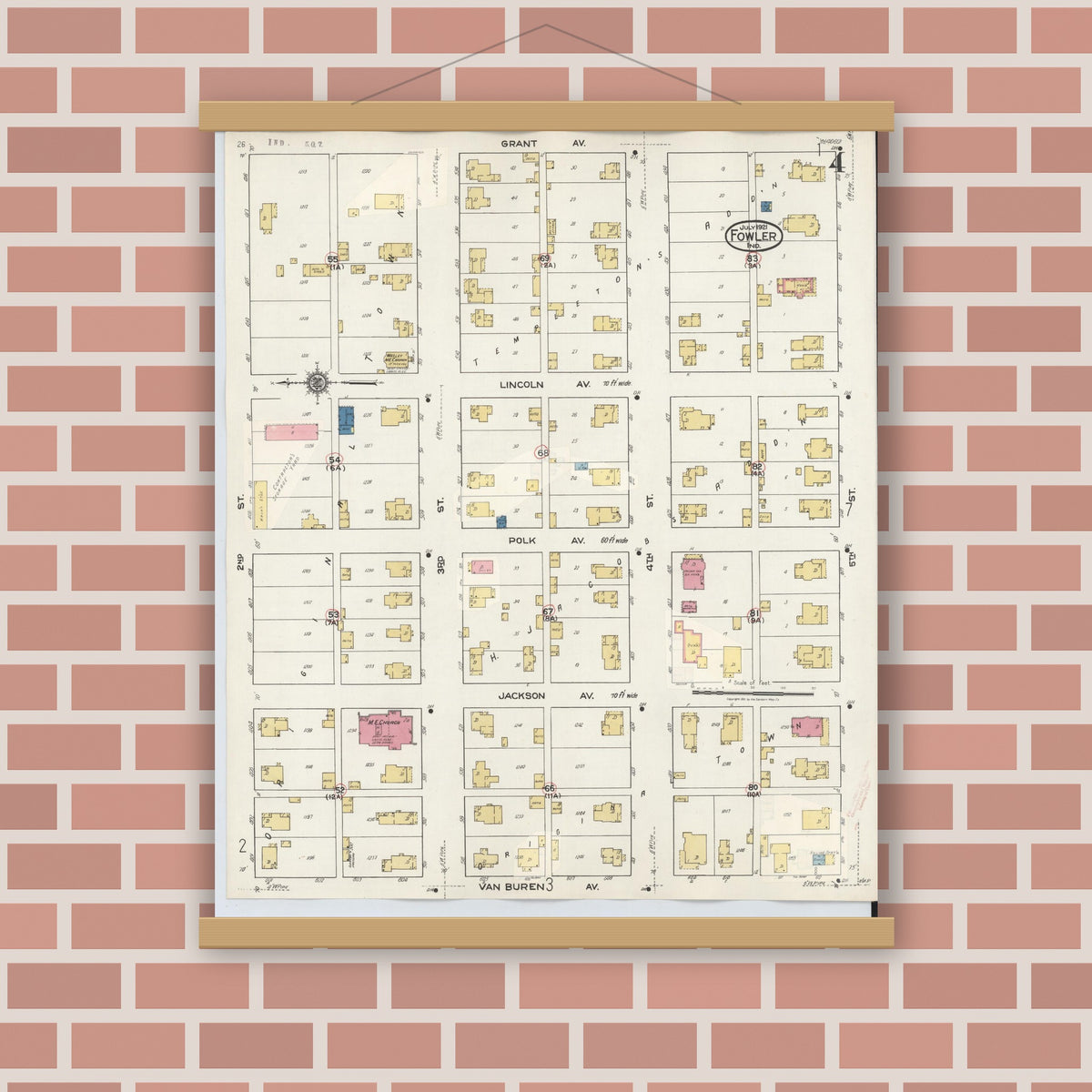 Old map wall art mockup — magnetic wood frame on brick wall — Sanborn Fire Insurance Map from Fowler, Benton County, Indiana (1932), Sheet #0004
