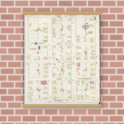 Old map wall art mockup — magnetic wood frame on brick wall — Sanborn Fire Insurance Map from Fowler, Benton County, Indiana (1932), Sheet #0004