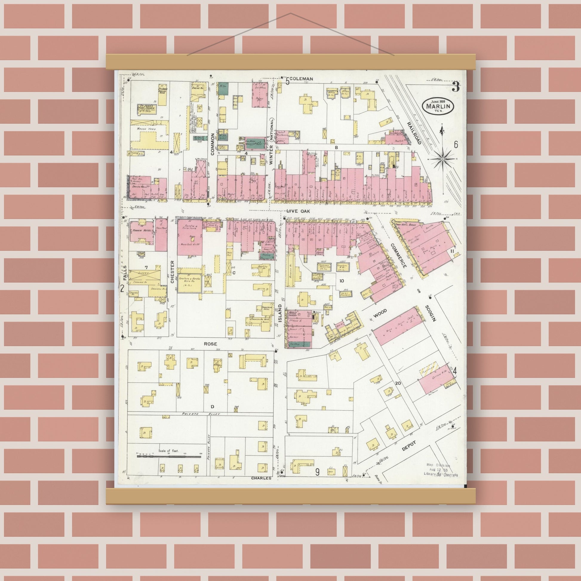Old map wall art mockup — magnetic wood frame on brick wall — Sanborn Fire Insurance Map from Marlin, Falls County, Texas (1909), Sheet #0003