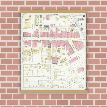 Old map wall art mockup — magnetic wood frame on brick wall — Sanborn Fire Insurance Map from Marlin, Falls County, Texas (1909), Sheet #0003