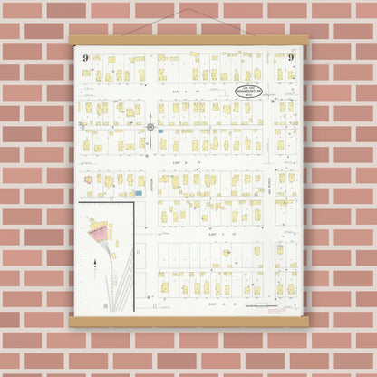 Old map wall art mockup — magnetic wood frame on brick wall — Sanborn Fire Insurance Map from Iron Mountain, Dickinson County, Michigan (1930), Sheet #0009