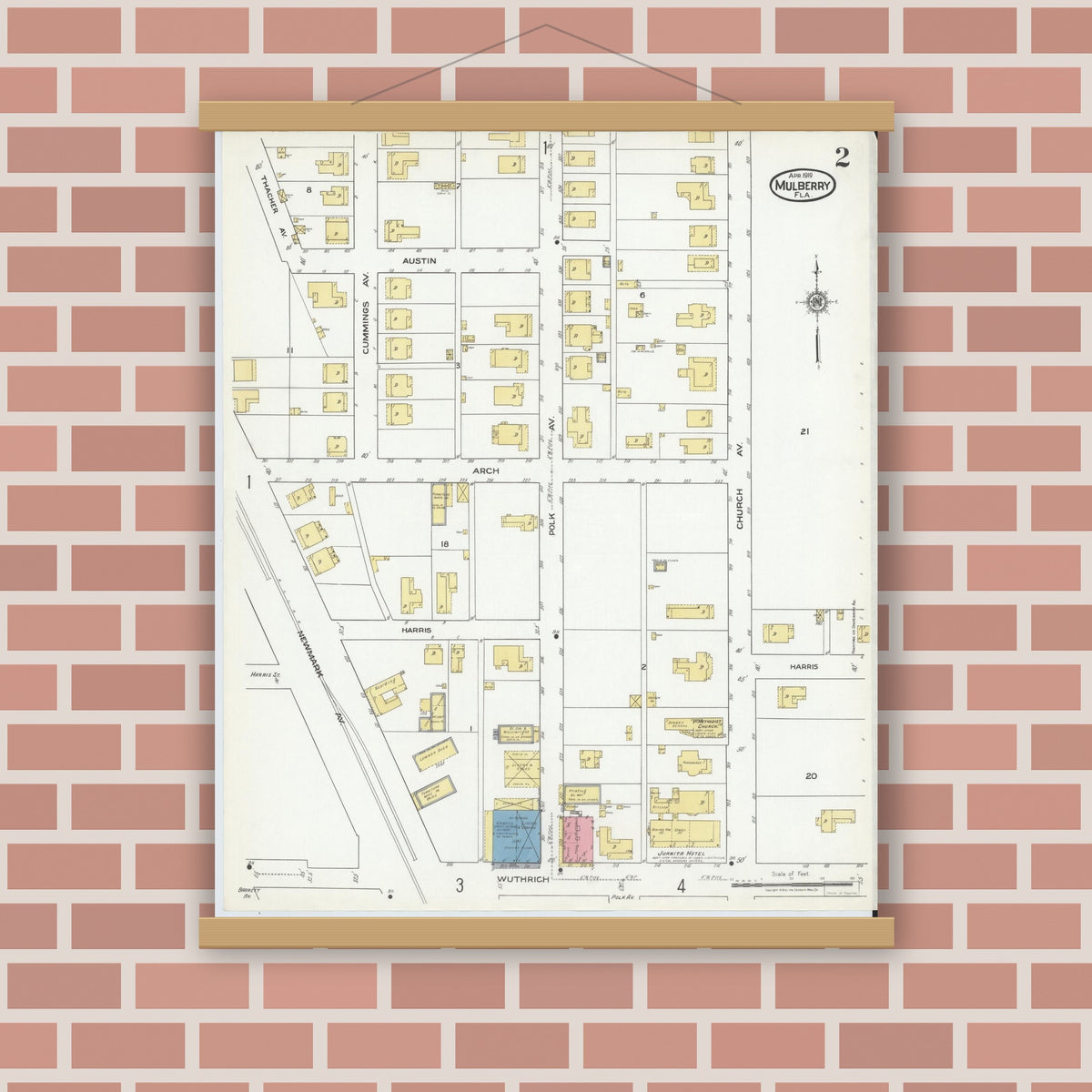 Old map wall art mockup — magnetic wood frame on brick wall — Sanborn Fire Insurance Map from Mulberry, Polk County, Florida (1919), Sheet #0002