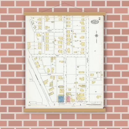 Old map wall art mockup — magnetic wood frame on brick wall — Sanborn Fire Insurance Map from Mulberry, Polk County, Florida (1919), Sheet #0002