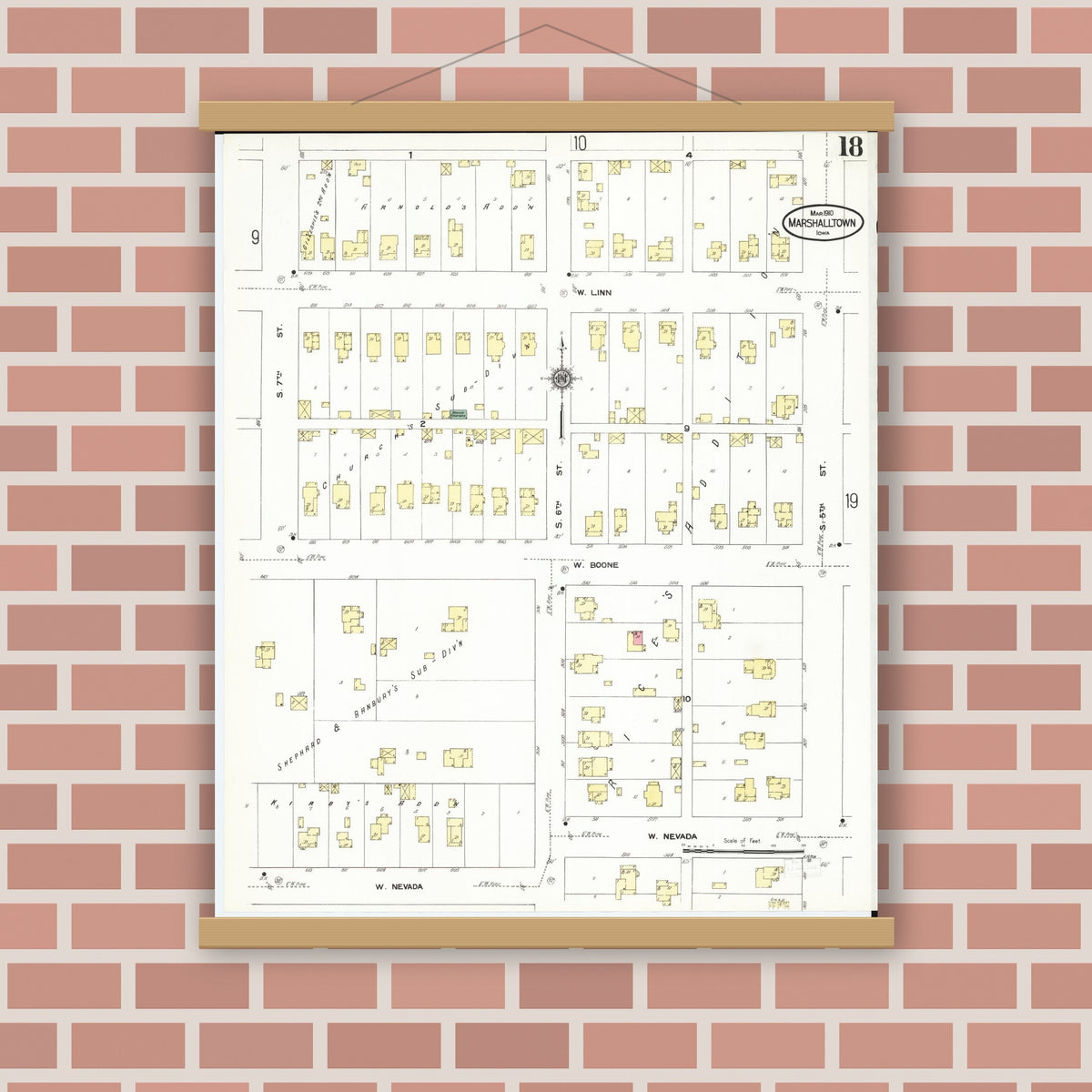Old map wall art mockup — magnetic wood frame on brick wall — Sanborn Fire Insurance Map from Marshalltown, Marshall County, Iowa (1910), Sheet #0018