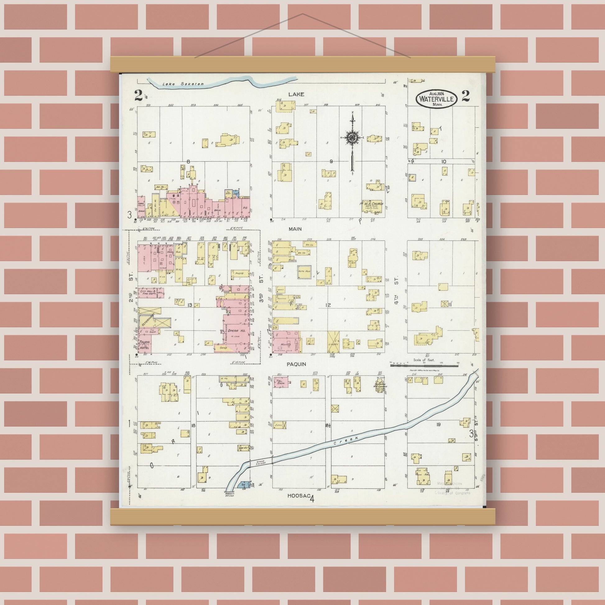 Old map wall art mockup — magnetic wood frame on brick wall — Sanborn Fire Insurance Map from Waterville, Le Sueur County, Minnesota (1924), Sheet #0002