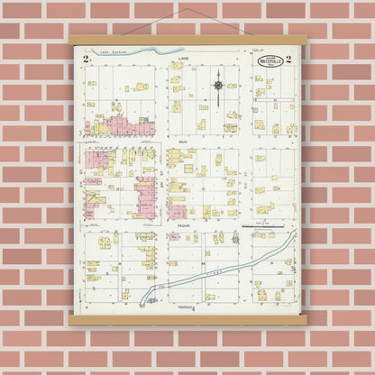 Old map wall art mockup — magnetic wood frame on brick wall — Sanborn Fire Insurance Map from Waterville, Le Sueur County, Minnesota (1924), Sheet #0002