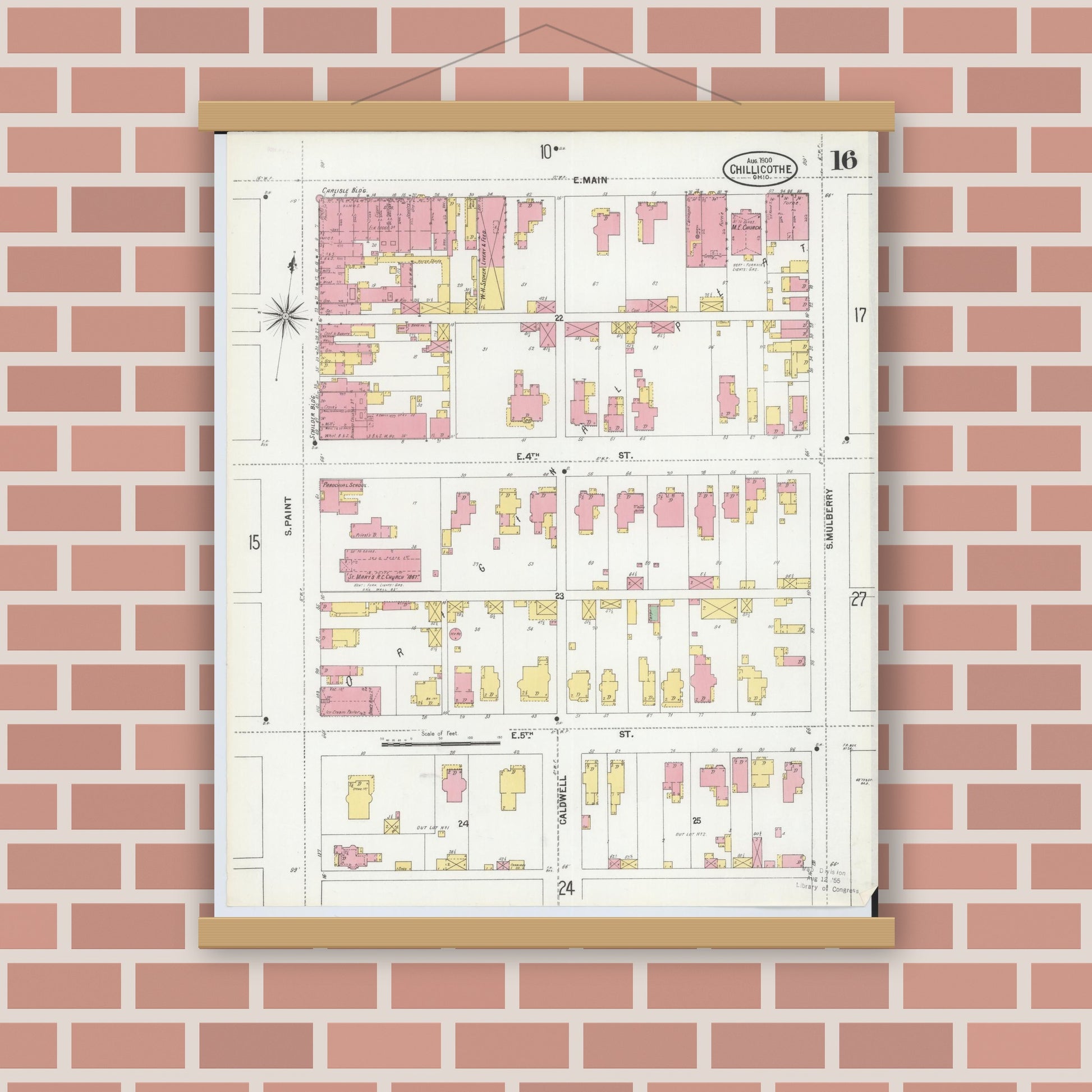 Old map wall art mockup — magnetic wood frame on brick wall — Sanborn Fire Insurance Map from Chillicothe, Ross County, Ohio (1900), Sheet #0016
