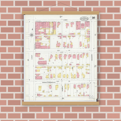 Old map wall art mockup — magnetic wood frame on brick wall — Sanborn Fire Insurance Map from Chillicothe, Ross County, Ohio (1900), Sheet #0016