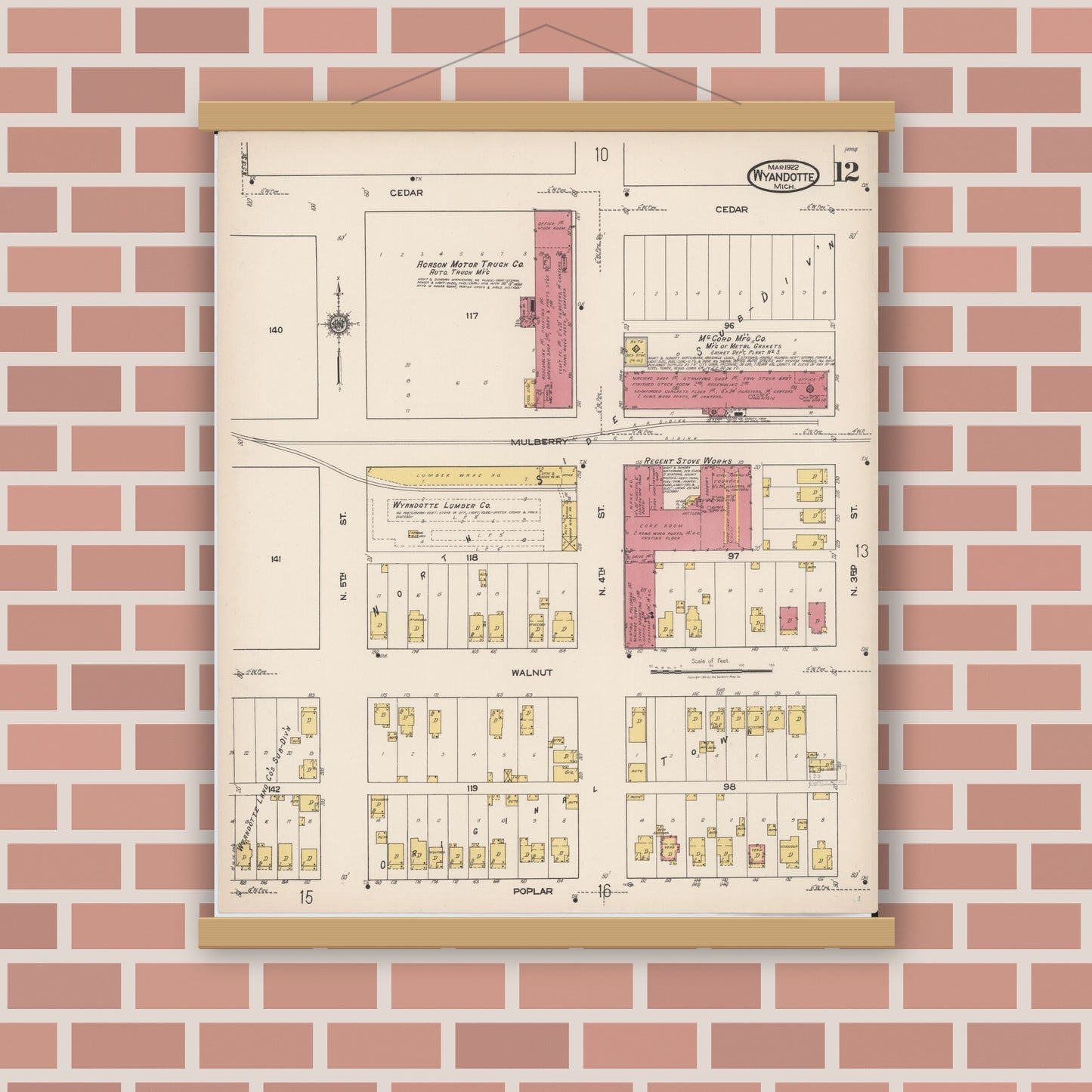 Old map wall art mockup — magnetic wood frame on brick wall — Sanborn Fire Insurance Map from Wyandotte, Wayne County, Michigan (1922), Sheet #0012