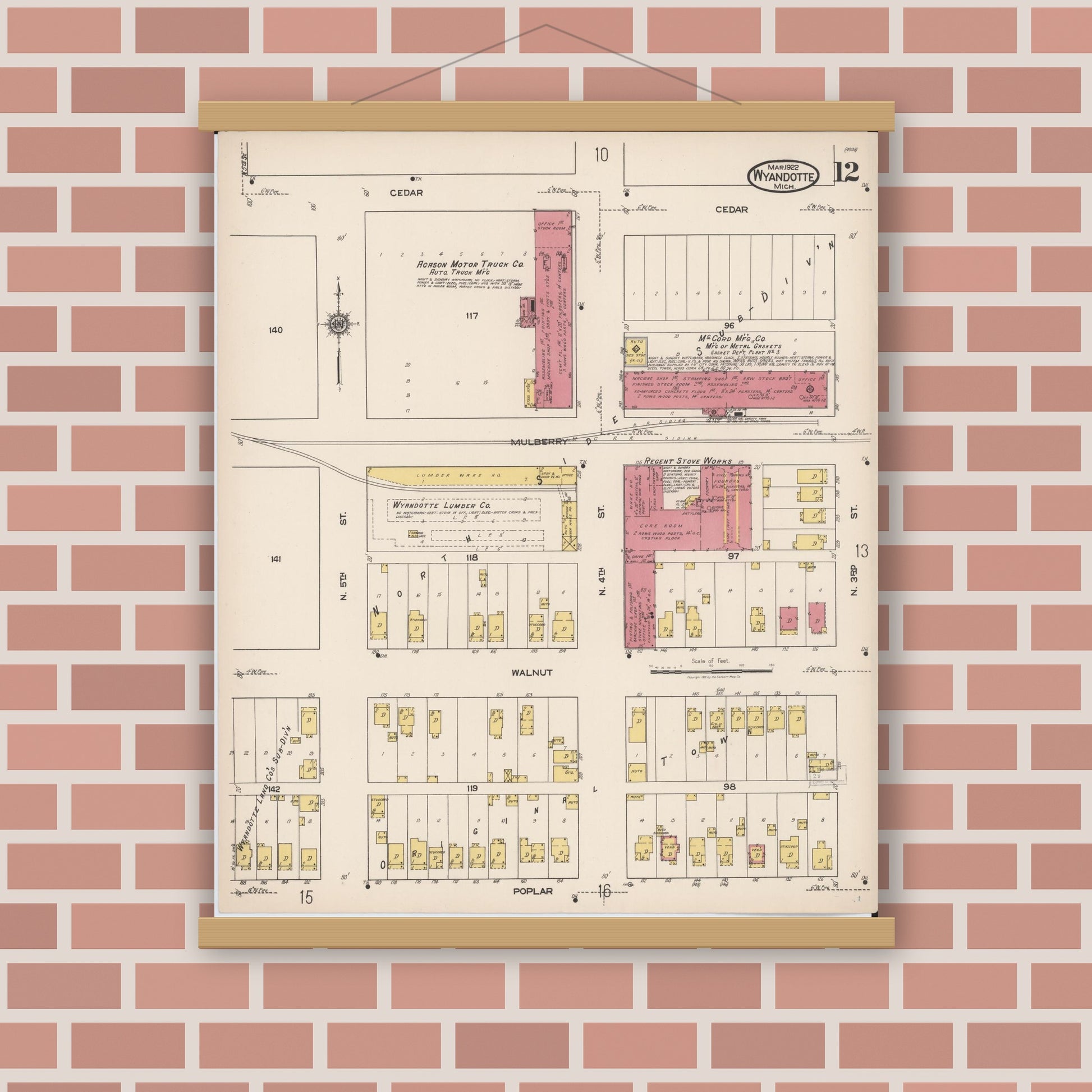 Old map wall art mockup — magnetic wood frame on brick wall — Sanborn Fire Insurance Map from Wyandotte, Wayne County, Michigan (1922), Sheet #0012