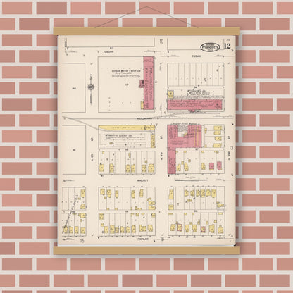 Old map wall art mockup — magnetic wood frame on brick wall — Sanborn Fire Insurance Map from Wyandotte, Wayne County, Michigan (1922), Sheet #0012