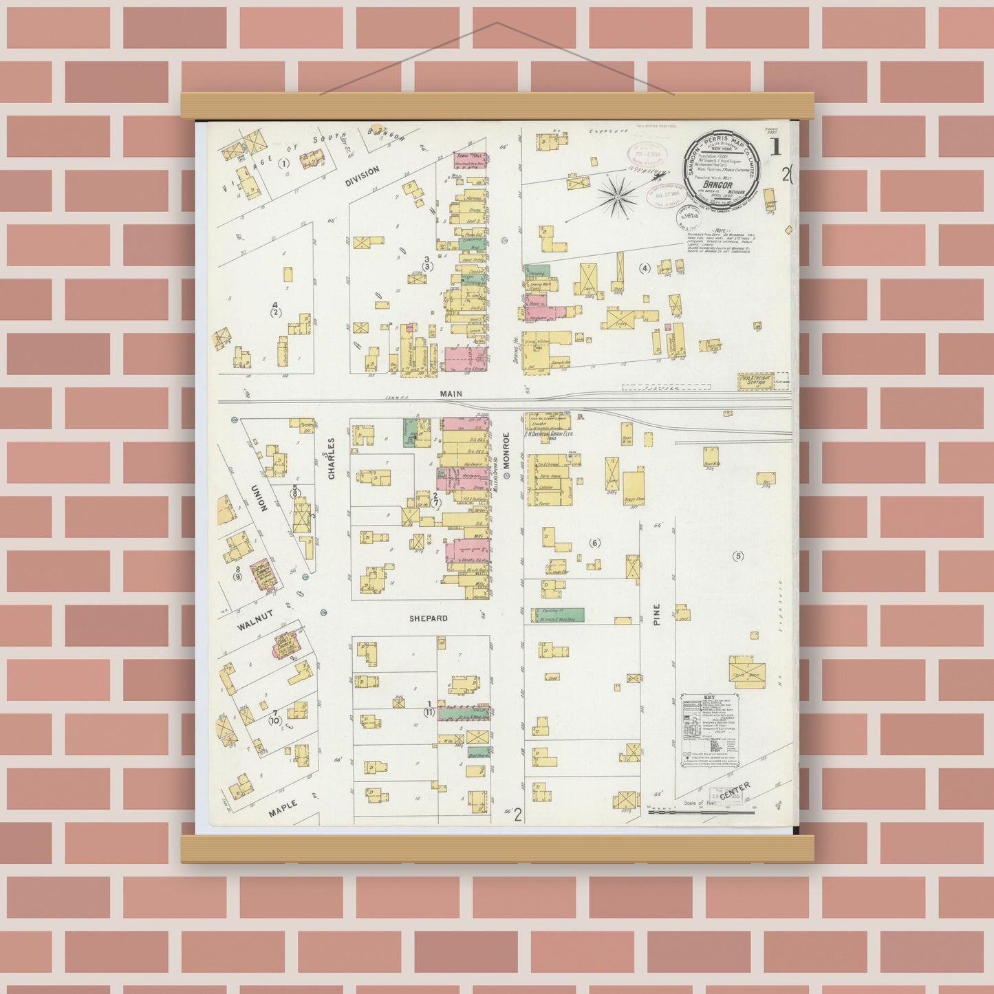 Old map wall art mockup — magnetic wood frame on brick wall — Sanborn Fire Insurance Map from Bangor, Van Buren County, Michigan (1899), Sheet #0001