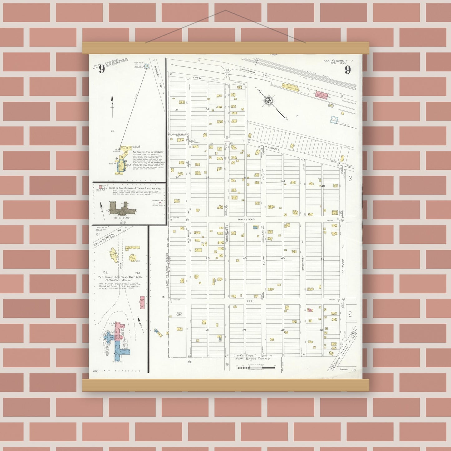 Old map wall art mockup — magnetic wood frame on brick wall — Sanborn Fire Insurance Map from Clark's Summit, Lackawanna County, Pennsylvania (1933), Sheet #0009