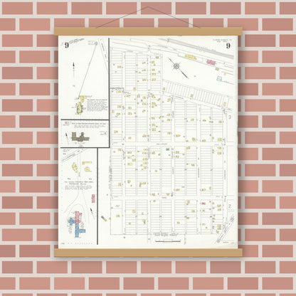 Old map wall art mockup — magnetic wood frame on brick wall — Sanborn Fire Insurance Map from Clark's Summit, Lackawanna County, Pennsylvania (1933), Sheet #0009