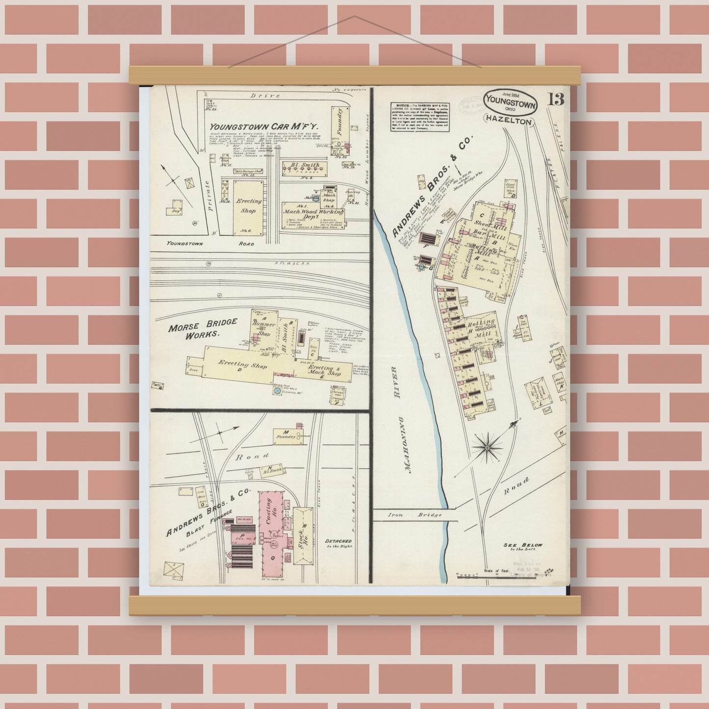 Old map wall art mockup — magnetic wood frame on brick wall — Sanborn Fire Insurance Map from Youngstown, Mahoning County, Ohio (1884), Sheet #0013