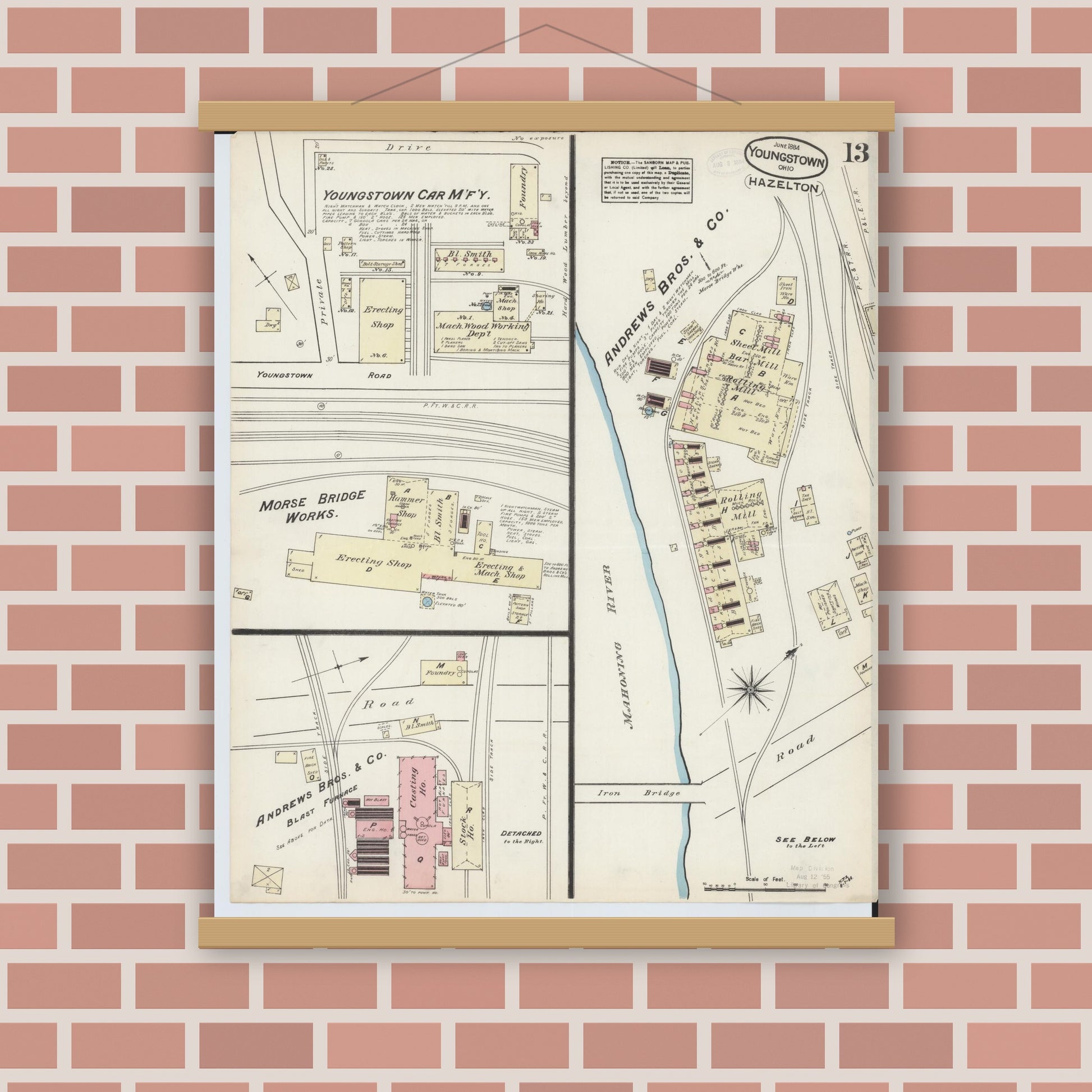 Old map wall art mockup — magnetic wood frame on brick wall — Sanborn Fire Insurance Map from Youngstown, Mahoning County, Ohio (1884), Sheet #0013