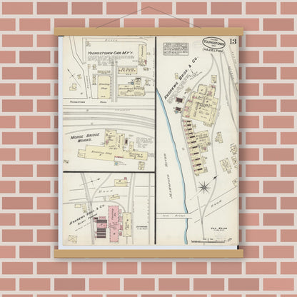 Old map wall art mockup — magnetic wood frame on brick wall — Sanborn Fire Insurance Map from Youngstown, Mahoning County, Ohio (1884), Sheet #0013