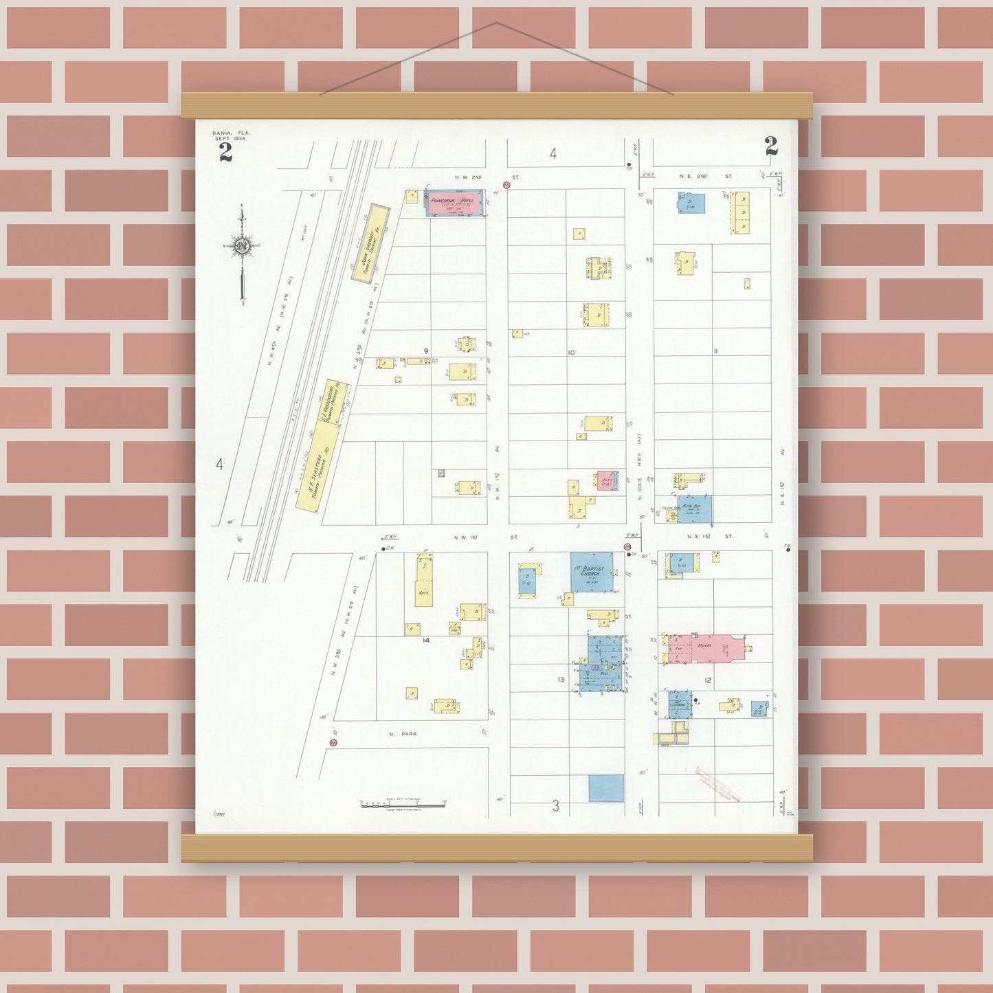 Old map wall art mockup — magnetic wood frame on brick wall — Sanborn Fire Insurance Map from Dania, Broward County, Florida (1934), Sheet #0002