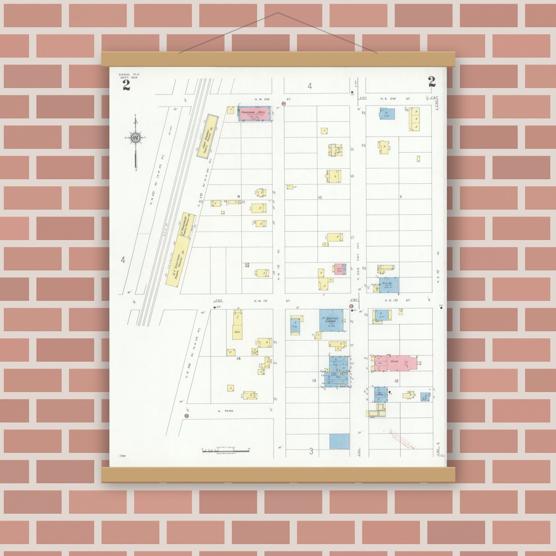 Old map wall art mockup — magnetic wood frame on brick wall — Sanborn Fire Insurance Map from Dania, Broward County, Florida (1934), Sheet #0002