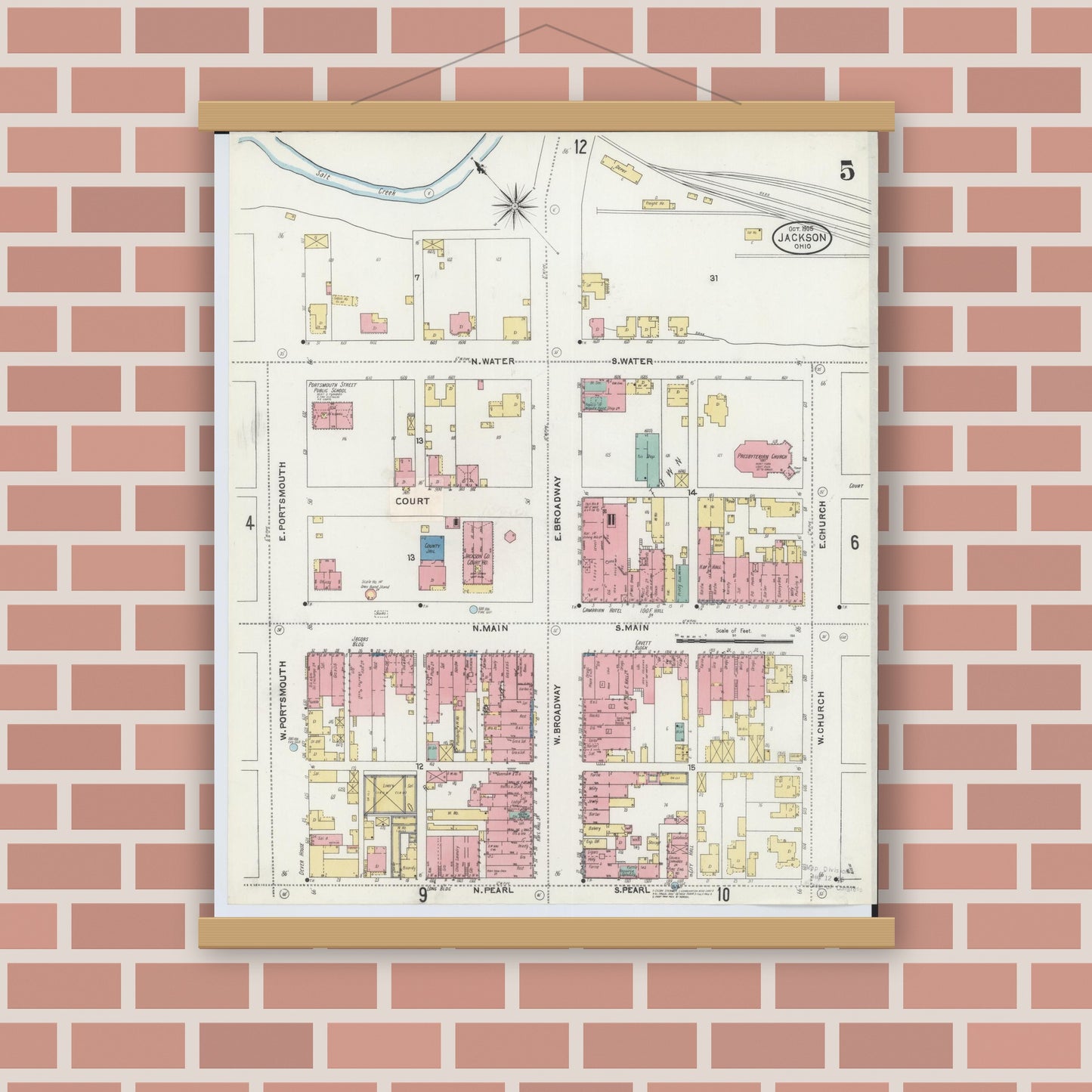 Old map wall art mockup — magnetic wood frame on brick wall — Sanborn Fire Insurance Map from Jackson, Jackson County, Ohio (1905), Sheet #0005