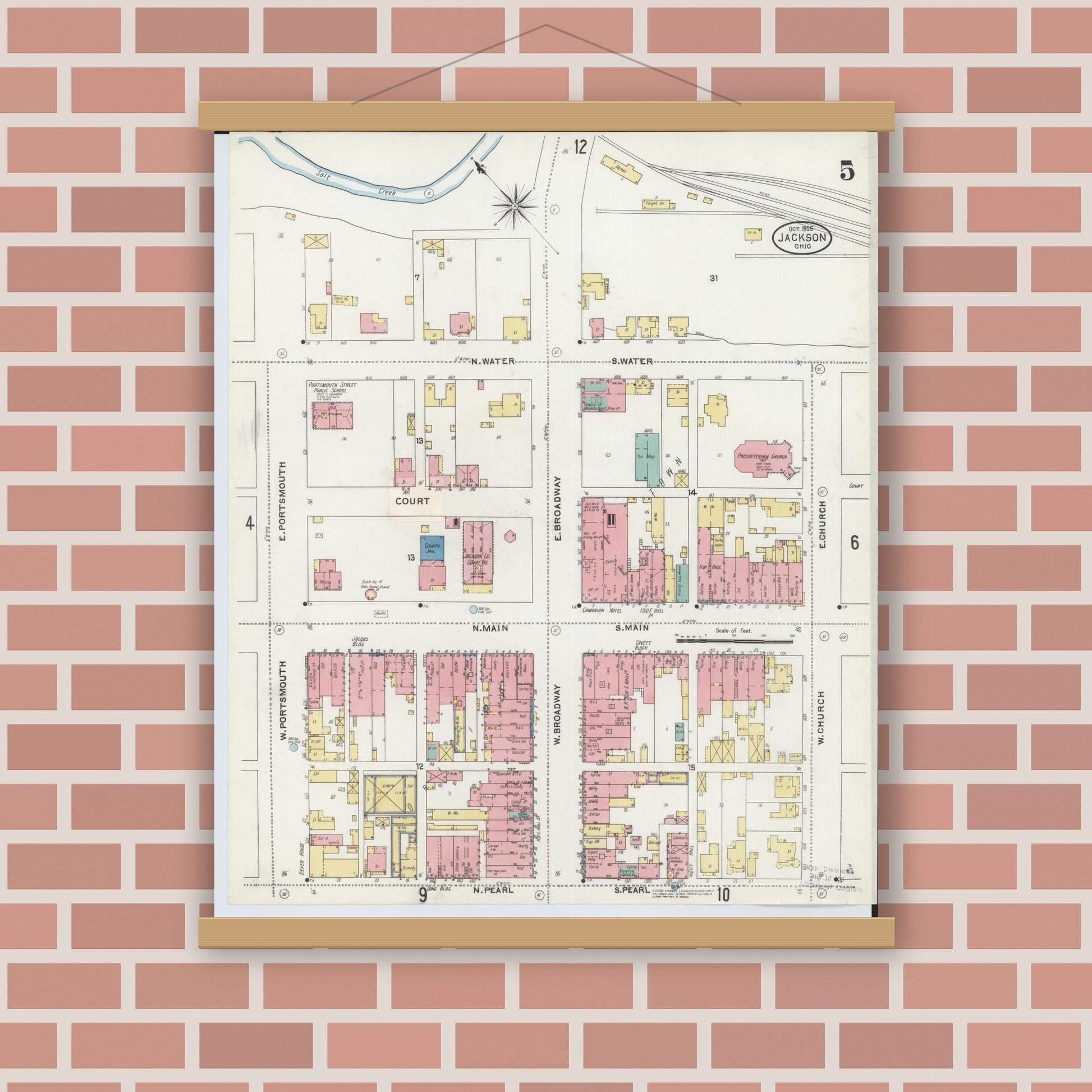 Old map wall art mockup — magnetic wood frame on brick wall — Sanborn Fire Insurance Map from Jackson, Jackson County, Ohio (1905), Sheet #0005