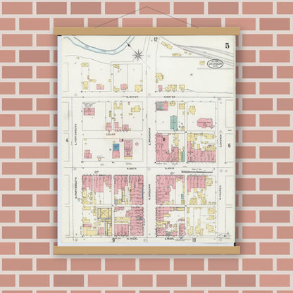 Old map wall art mockup — magnetic wood frame on brick wall — Sanborn Fire Insurance Map from Jackson, Jackson County, Ohio (1905), Sheet #0005