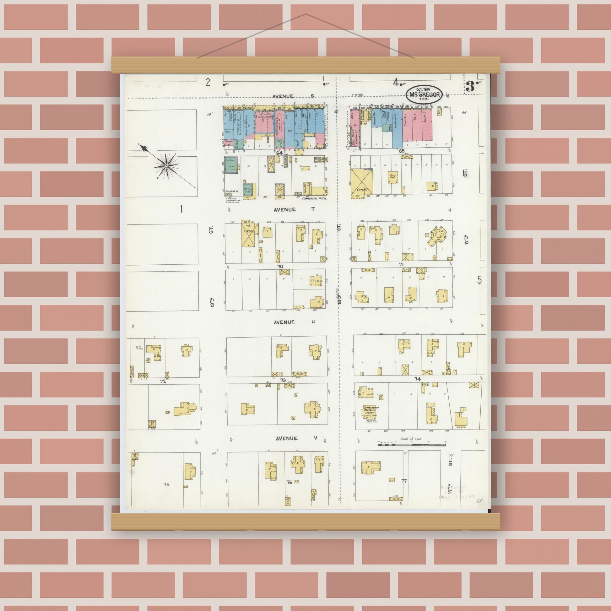 Old map wall art mockup — magnetic wood frame on brick wall — Sanborn Fire Insurance Map from McGregor, McLennan County, Texas (1904), Sheet #0003