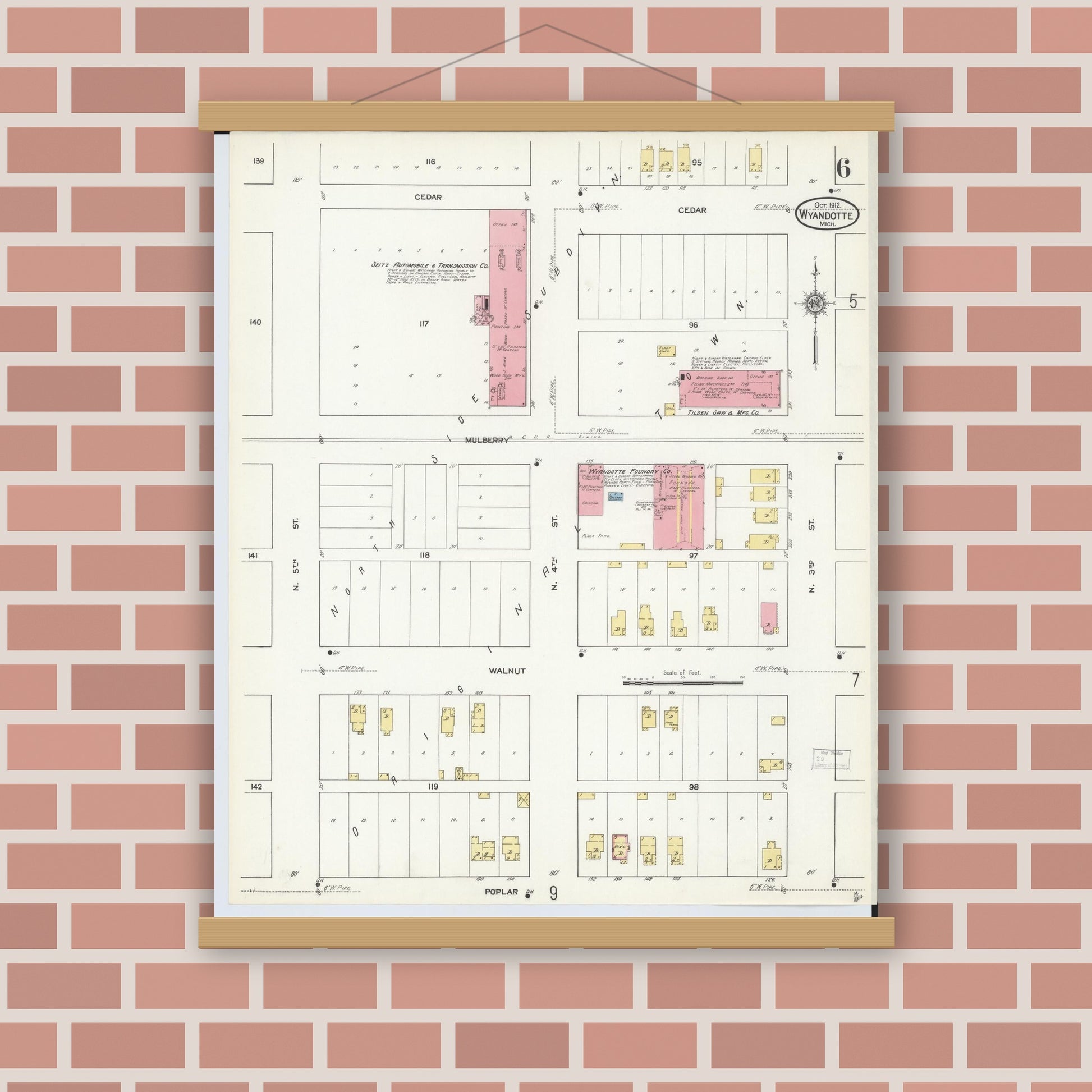 Old map wall art mockup — magnetic wood frame on brick wall — Sanborn Fire Insurance Map from Wyandotte, Wayne County, Michigan (1912), Sheet #0006