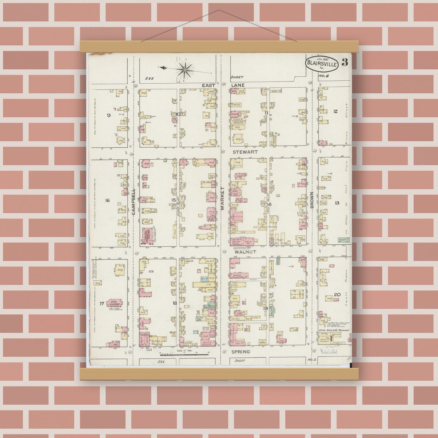 Old map wall art mockup — magnetic wood frame on brick wall — Sanborn Fire Insurance Map from Blairsville, Indiana County, Pennsylvania (1887), Sheet #0003