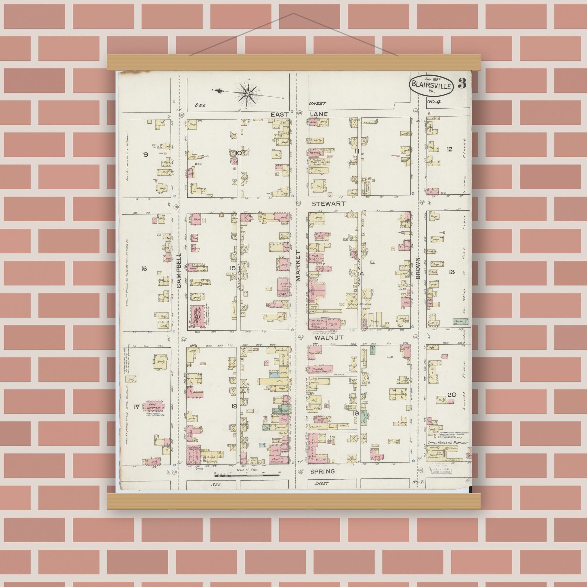 Old map wall art mockup — magnetic wood frame on brick wall — Sanborn Fire Insurance Map from Blairsville, Indiana County, Pennsylvania (1887), Sheet #0003