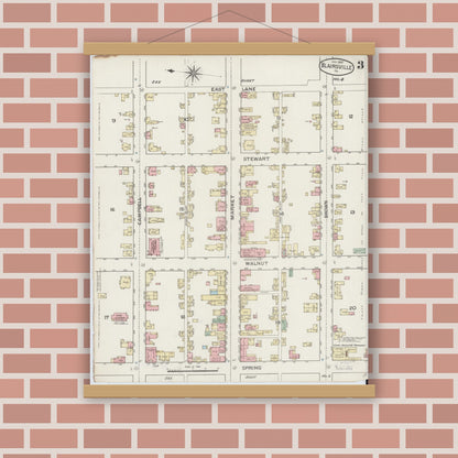 Old map wall art mockup — magnetic wood frame on brick wall — Sanborn Fire Insurance Map from Blairsville, Indiana County, Pennsylvania (1887), Sheet #0003
