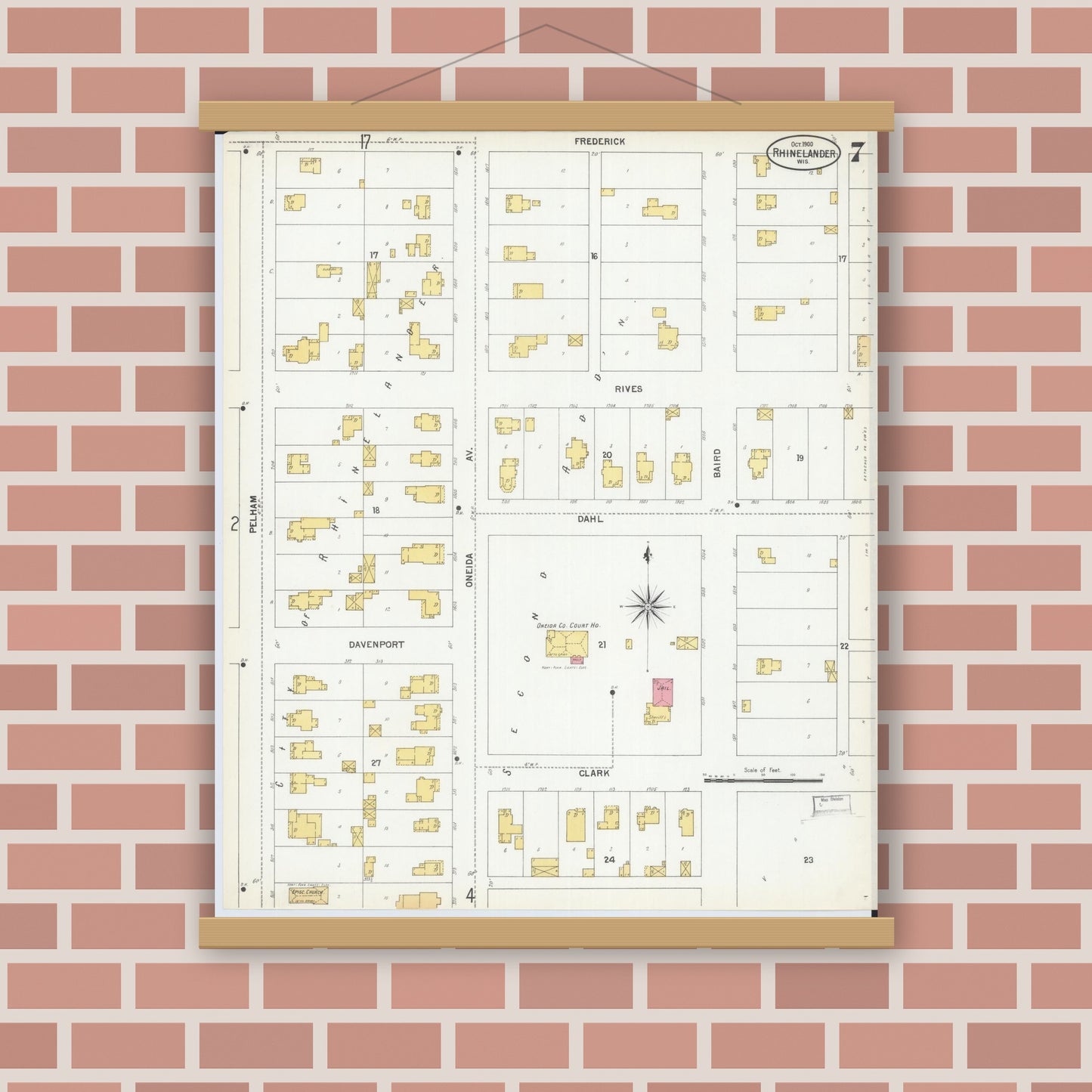 Old map wall art mockup — magnetic wood frame on brick wall — Sanborn Fire Insurance Map from Rhinelander, Oneida County, Wisconsin (1900), Sheet #0007