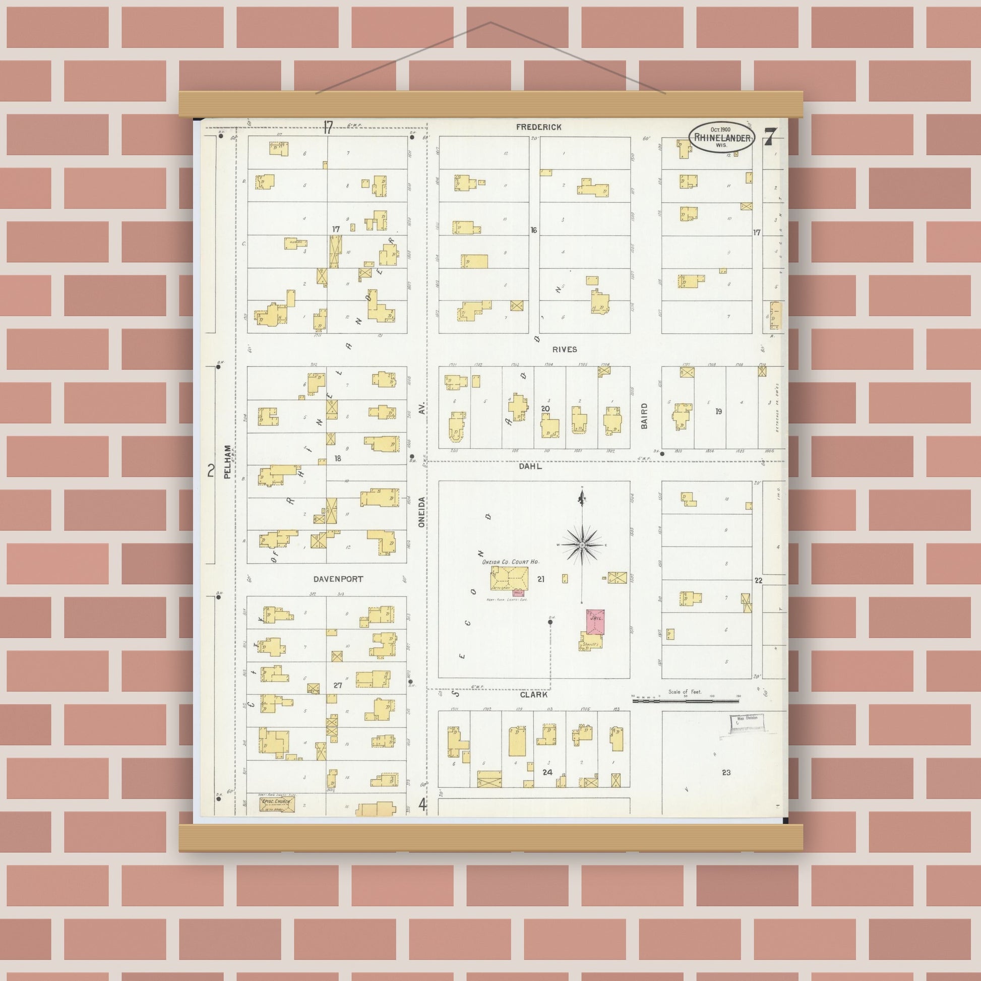Old map wall art mockup — magnetic wood frame on brick wall — Sanborn Fire Insurance Map from Rhinelander, Oneida County, Wisconsin (1900), Sheet #0007