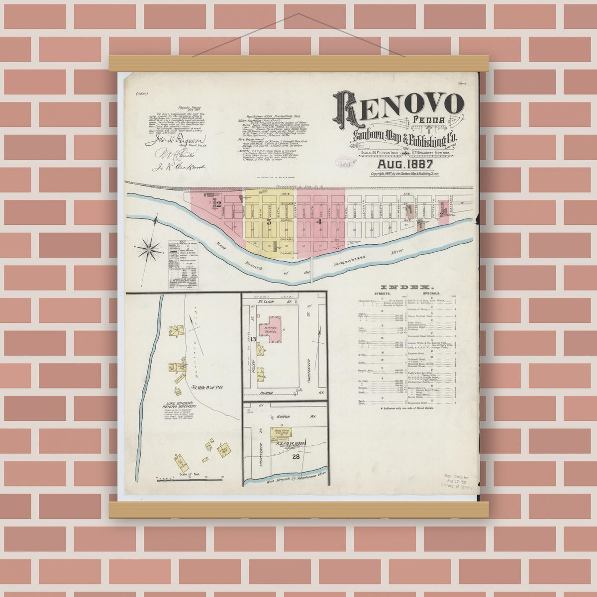 Old map wall art mockup — magnetic wood frame on brick wall — Sanborn Fire Insurance Map from Renovo, Clinton County, Pennsylvania (1887) - Complete Map Set