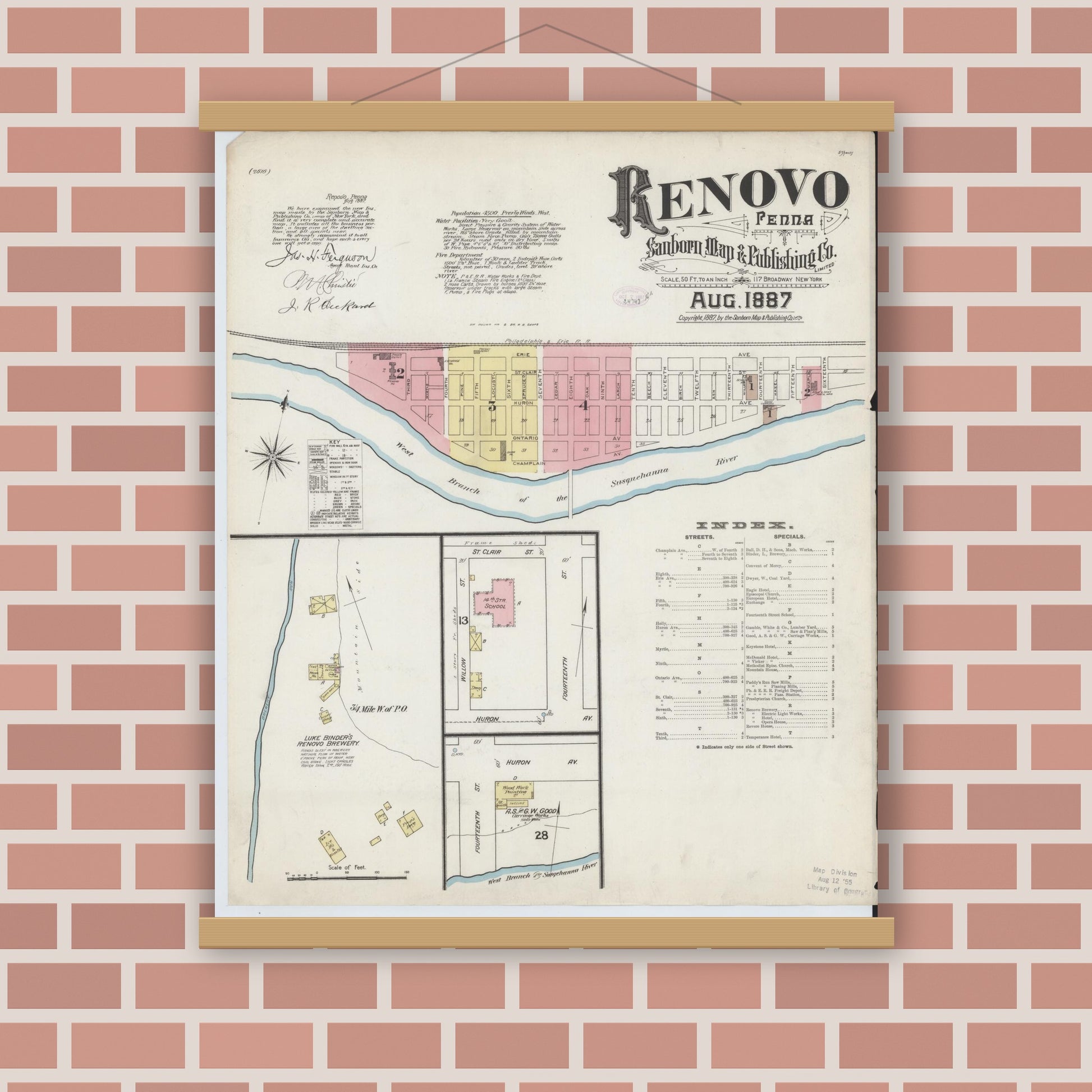 Old map wall art mockup — magnetic wood frame on brick wall — Sanborn Fire Insurance Map from Renovo, Clinton County, Pennsylvania (1887) - Complete Map Set